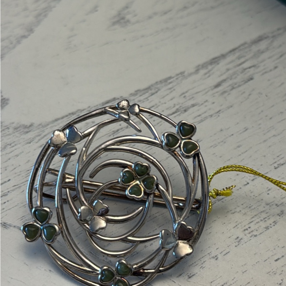 Elegant Sterling Silver and Green Clover Brooch